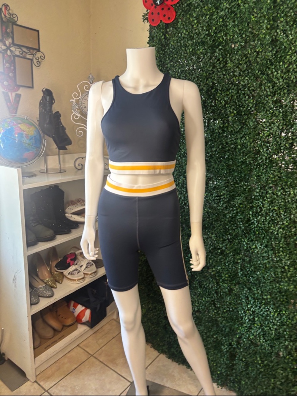 Navy Striped Waist Performance Crop Top & Bike Shorts Set